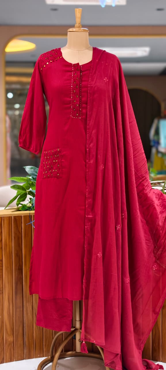 Pin-Tucks Style Pocket Look Mustard Shaded Cotton Straight Full Suit Set With Dupatta- 15785