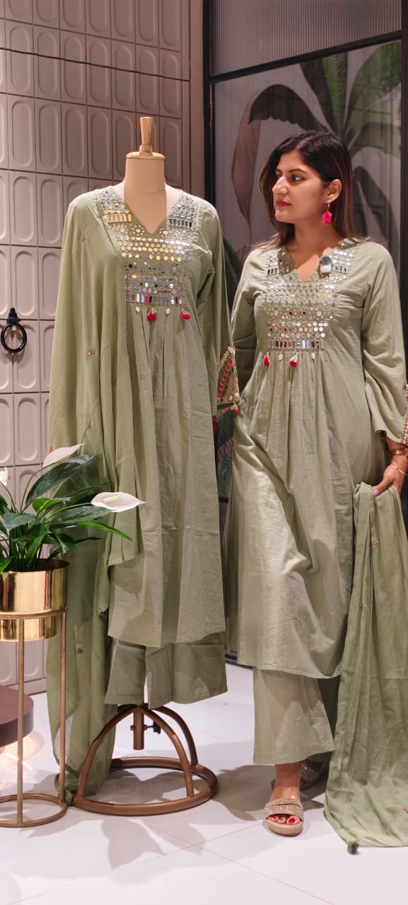 Kodi Real Mirror Work Handwork Boho Style A-Line Cotton Full Suit Set With Dupatta- 15782