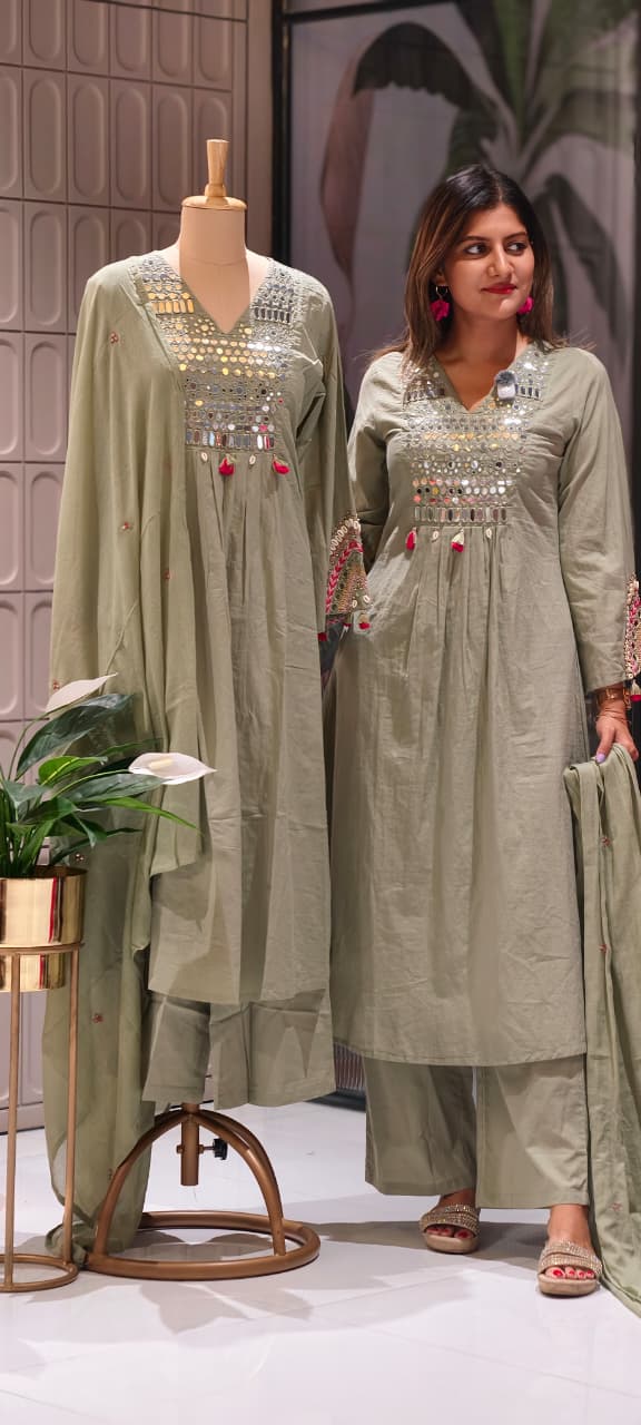 Kodi Real Mirror Work Handwork Boho Style A-Line Cotton Full Suit Set With Dupatta- 15782