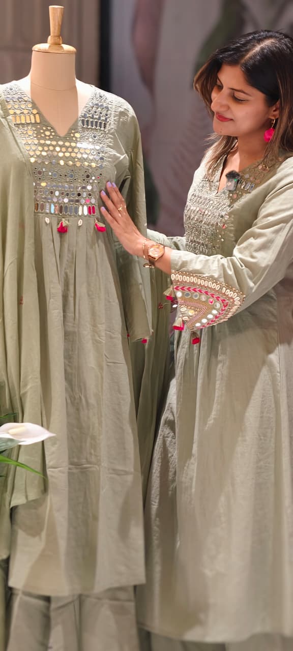 Kodi Real Mirror Work Handwork Boho Style A-Line Cotton Full Suit Set With Dupatta- 15782