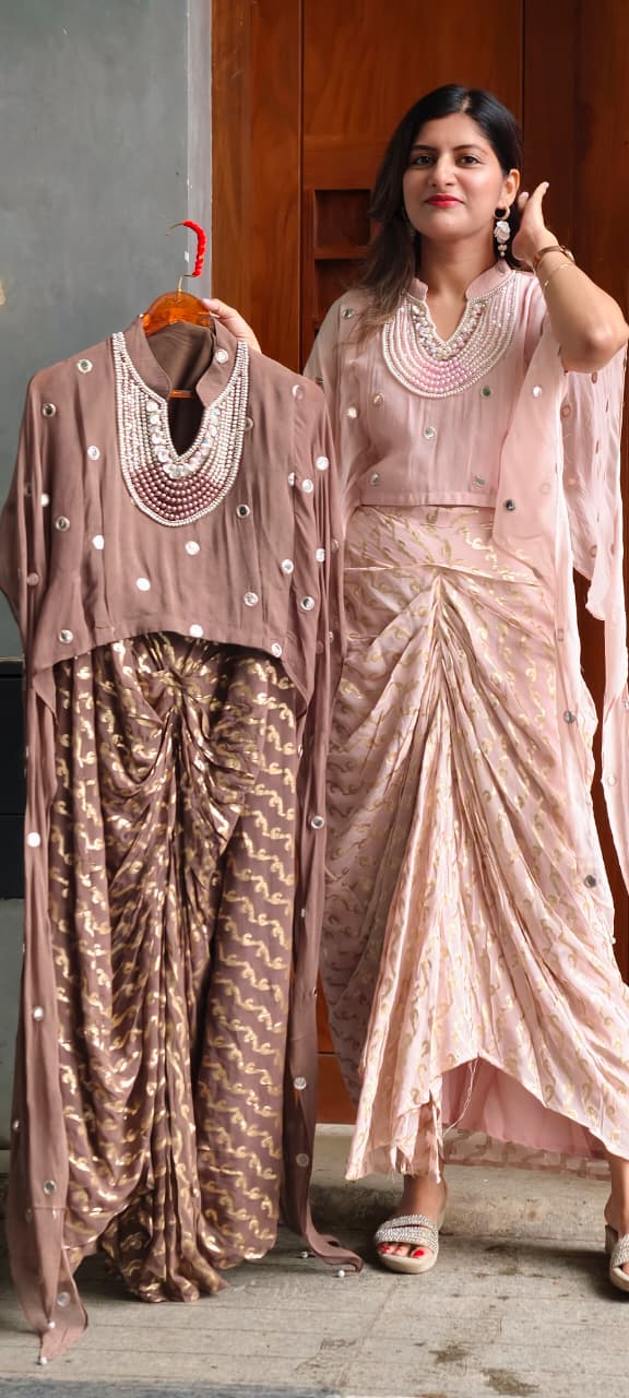 Designer Neckpiece Look Real Mirror Detailing Shrug Style Crop Top With Weavy Golden Prints Drape Dhoti Skirt -15584, 15583