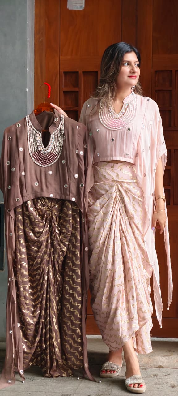 Designer Neckpiece Look Real Mirror Detailing Shrug Style Crop Top With Weavy Golden Prints Drape Dhoti Skirt -15584, 15583