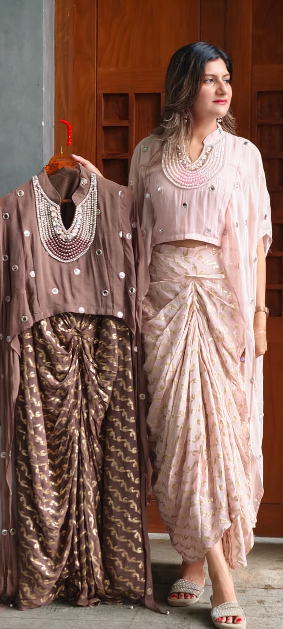 Designer Neckpiece Look Real Mirror Detailing Shrug Style Crop Top With Weavy Golden Prints Drape Dhoti Skirt -15584, 15583