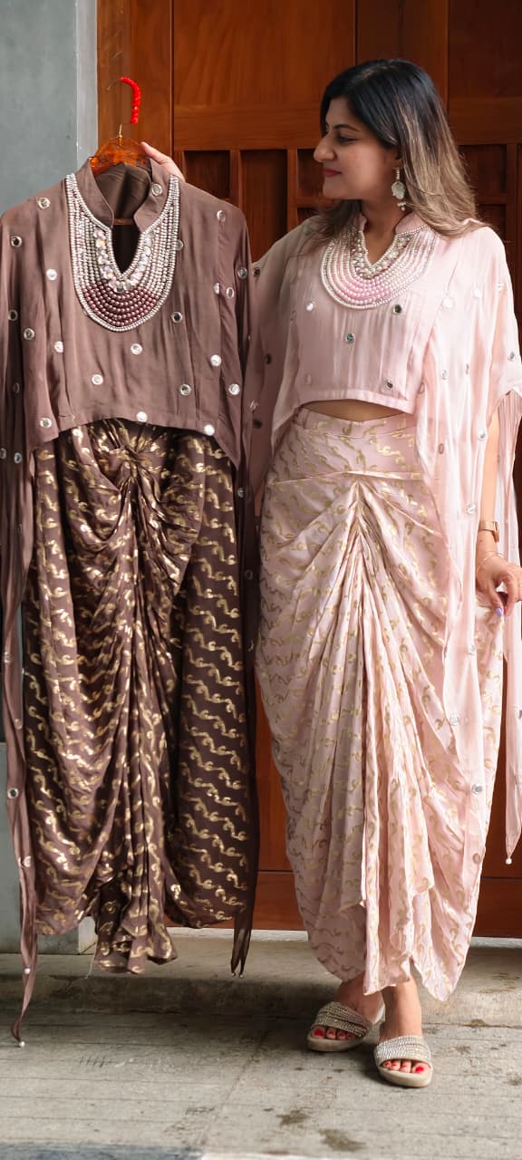 Designer Neckpiece Look Real Mirror Detailing Shrug Style Crop Top With Weavy Golden Prints Drape Dhoti Skirt -15584, 15583