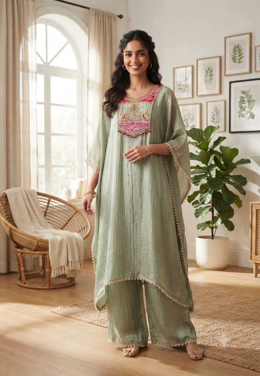 Dabka Contrasted Embroidered Tassel Yoke Premium Salsa Fabric Kaftan With Matching Bottom- 15972