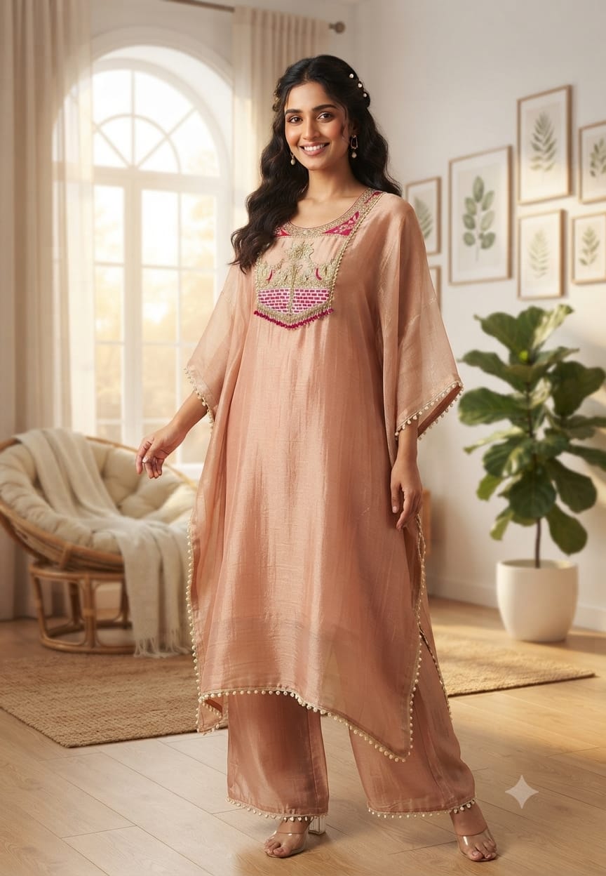 Dabka Contrasted Embroidered Tassel Yoke Premium Salsa Fabric Kaftan With Matching Bottom- 15972