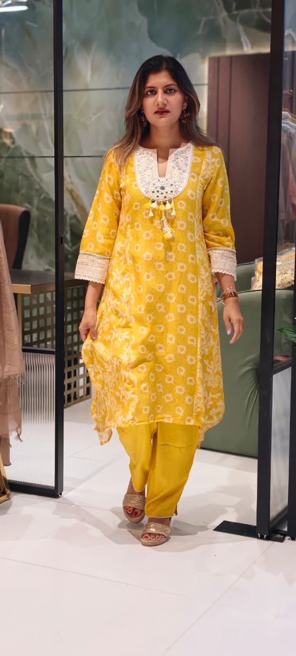 Graceful Summer Yellow Boho Tassel Accent Yoke Printed Panel Pure Linen A-Line Kurta Pant Set- 15507