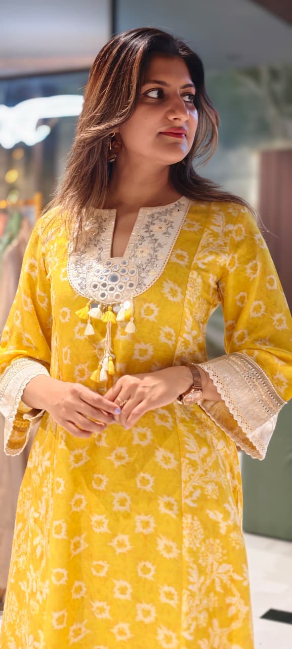 Graceful Summer Yellow Boho Tassel Accent Yoke Printed Panel Pure Linen A-Line Kurta Pant Set- 15507