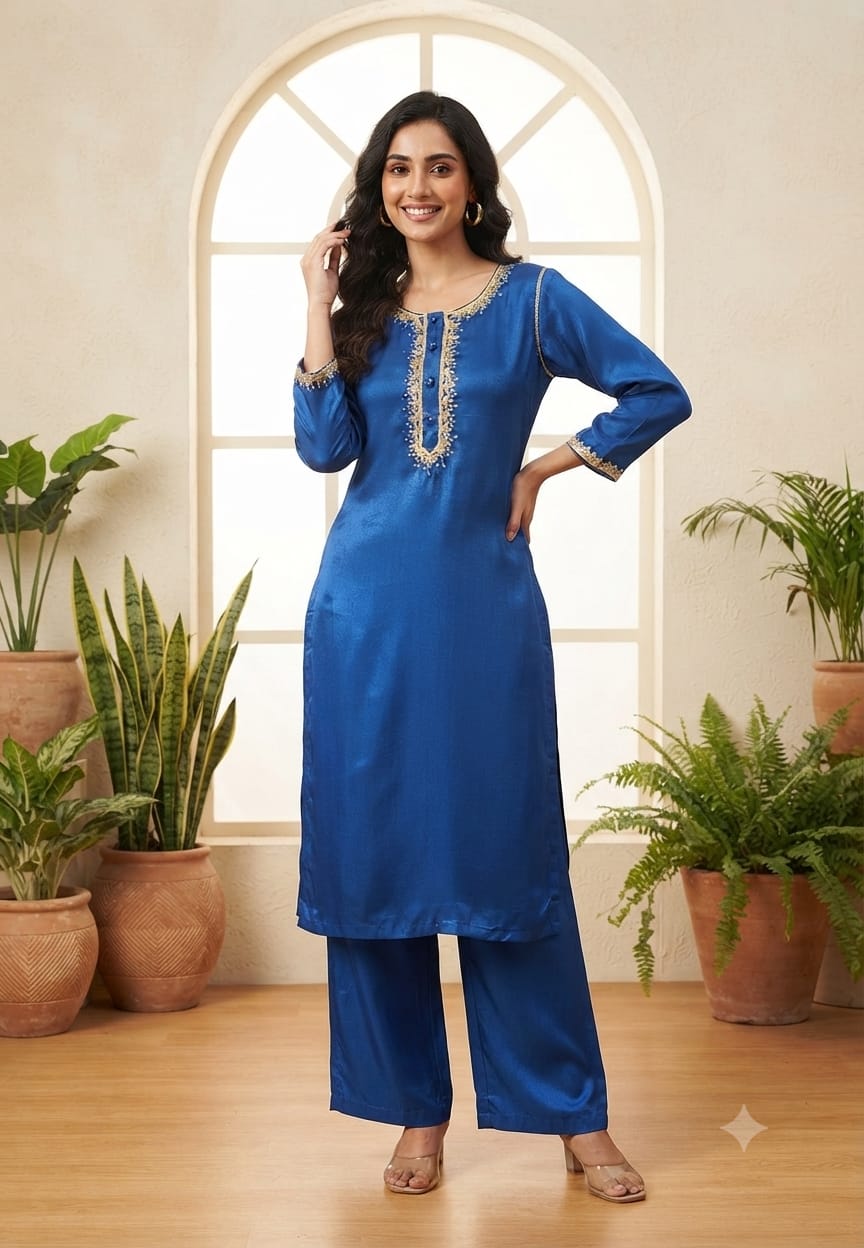 Royal Blue Gotta Patti Golden Sequin Embroidery Outlined Modal Satin Kurta Pant Set- 15987