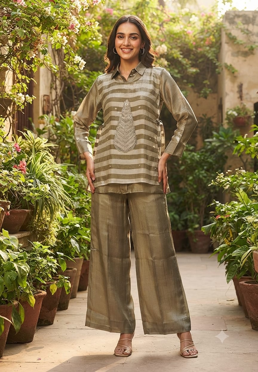 Metallic Leaf Embroidered Striped Pyramid Look Detechable Over Lay Side Knots Zebra Tissue Co-Ord Set- 15991