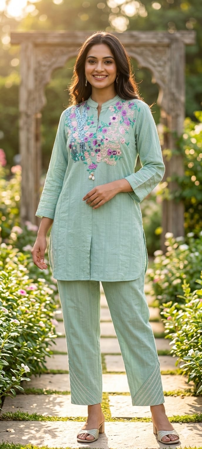 3D Sequin Floral Embroidered Yoke Mandarin Collar Matching Co-Ord Set- 15210