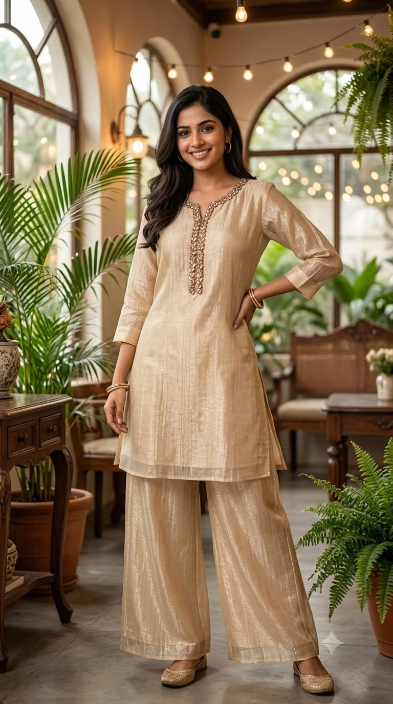 Elegant Crystal Stones Neckline Premium Co-Ord Set With Loose Palazzo Bottom In Salsa Fabric- 15290