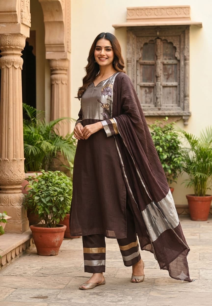 Metallic Floral Applique Yoke Coffee Pallete Banarasi Mul-Chanderi A-Line Full Suit Set With Dupatta- 15988