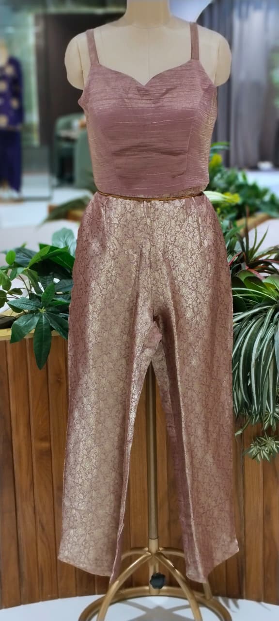 Intricate Beads With Cut-Dana Embroidered Neckline Crush Tissue Kaftan Style Sleeve Co-Ord Set With Brocade Bottom- 15967