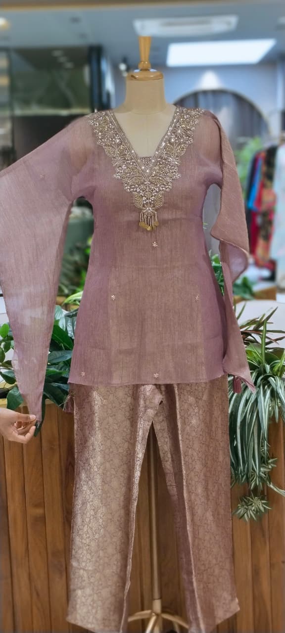 Intricate Beads With Cut-Dana Embroidered Neckline Crush Tissue Kaftan Style Sleeve Co-Ord Set With Brocade Bottom- 15967