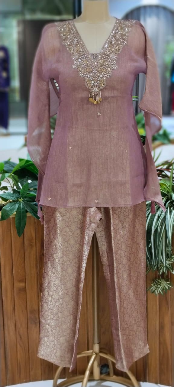 Intricate Beads With Cut-Dana Embroidered Neckline Crush Tissue Kaftan Style Sleeve Co-Ord Set With Brocade Bottom- 15967