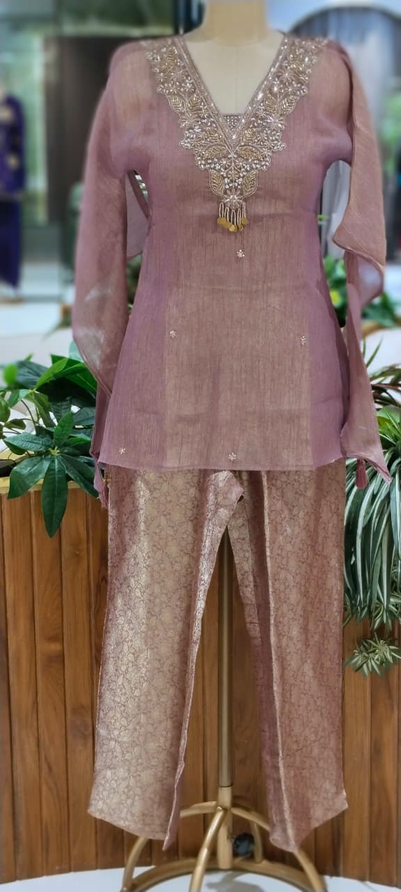Intricate Beads With Cut-Dana Embroidered Neckline Crush Tissue Kaftan Style Sleeve Co-Ord Set With Brocade Bottom- 15967