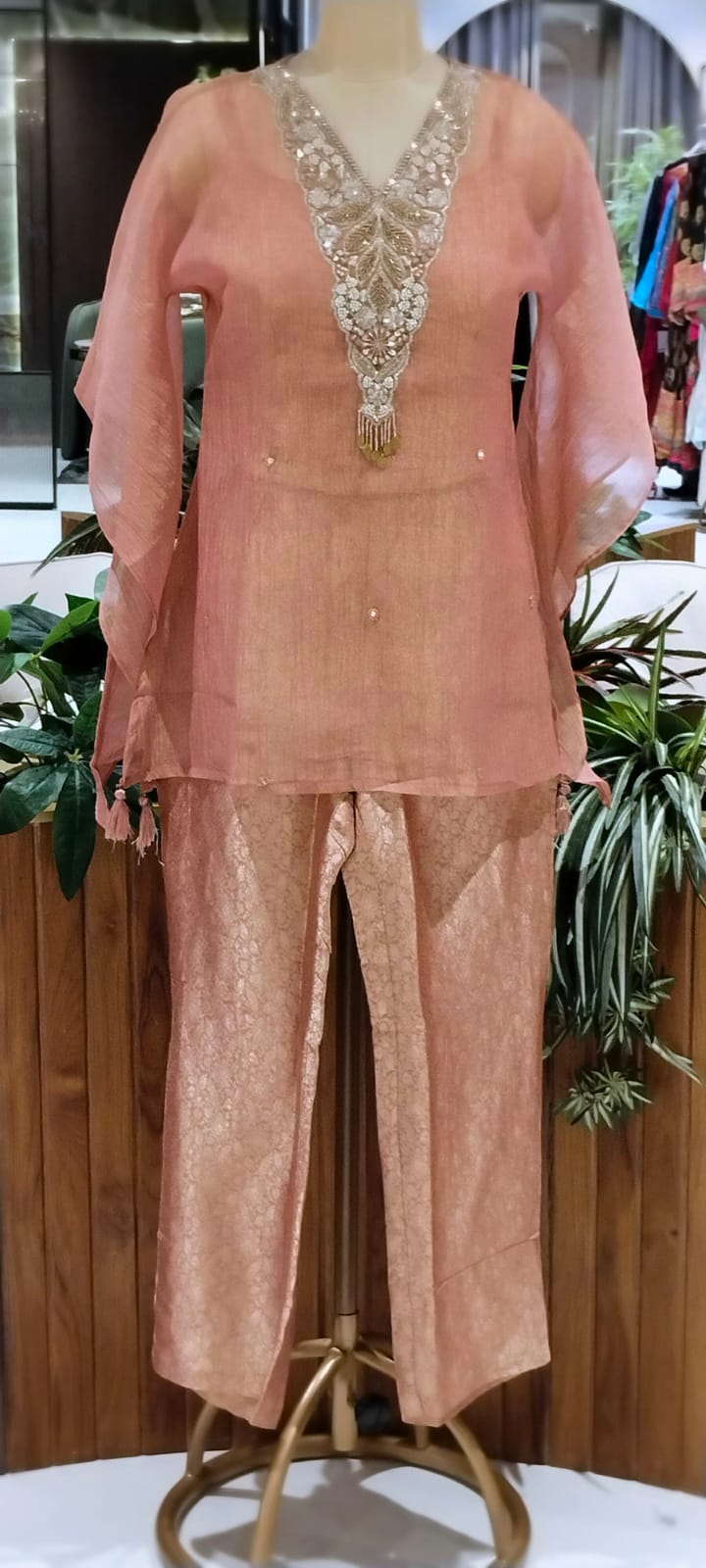 Intricate Beads With Cut-Dana Embroidered Neckline Crush Tissue Kaftan Style Sleeve Co-Ord Set With Brocade Bottom- 15967