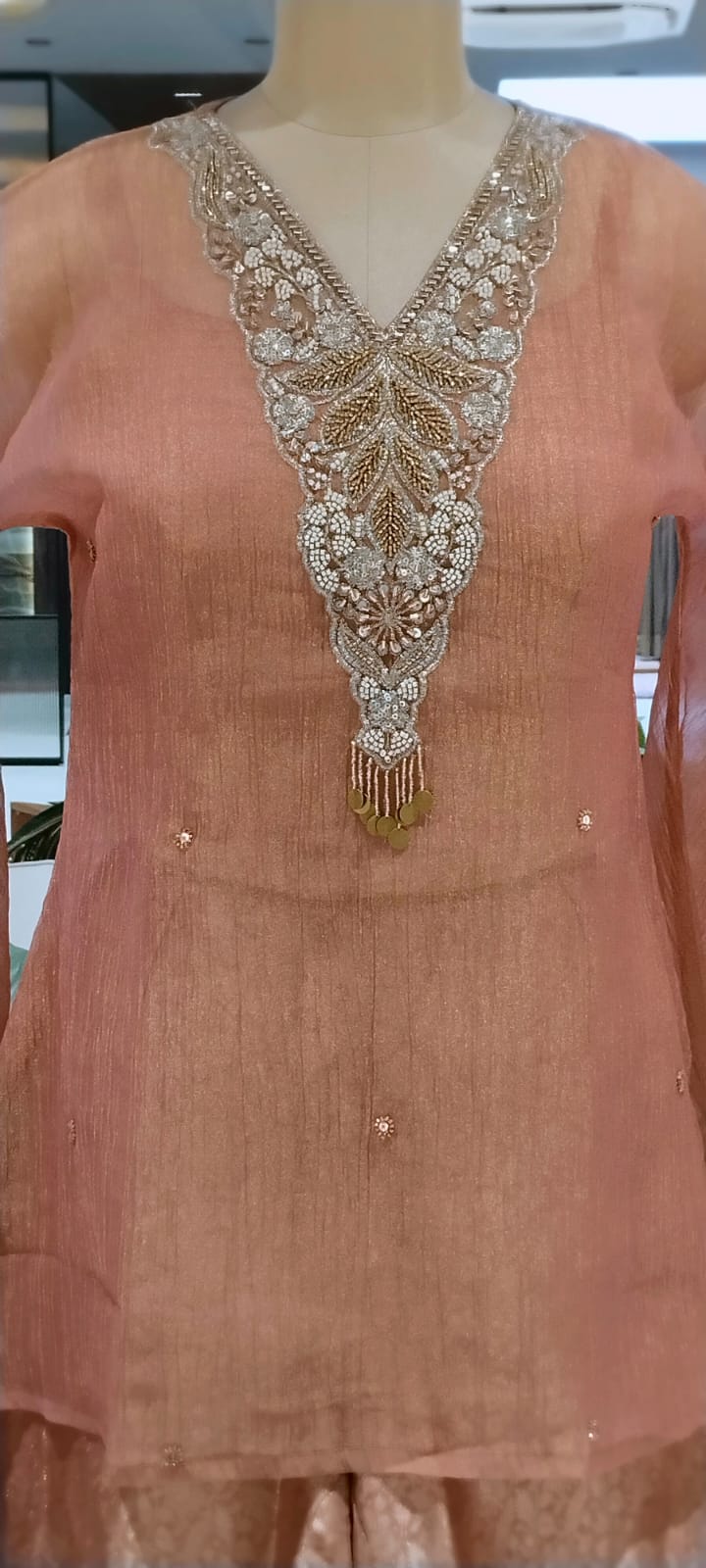 Intricate Beads With Cut-Dana Embroidered Neckline Crush Tissue Kaftan Style Sleeve Co-Ord Set With Brocade Bottom- 15967