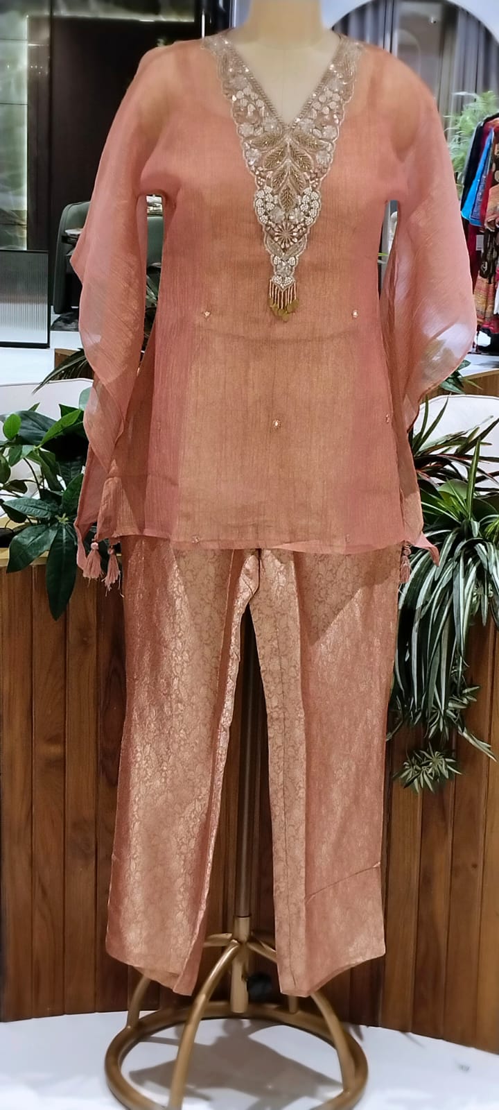 Intricate Beads With Cut-Dana Embroidered Neckline Crush Tissue Kaftan Style Sleeve Co-Ord Set With Brocade Bottom- 15967