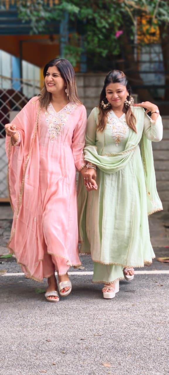 Elegant Intricate Embroidery Golden Lace Touch Mul-Chanderi A-Line Full Suit Set With Dupatta- 15791