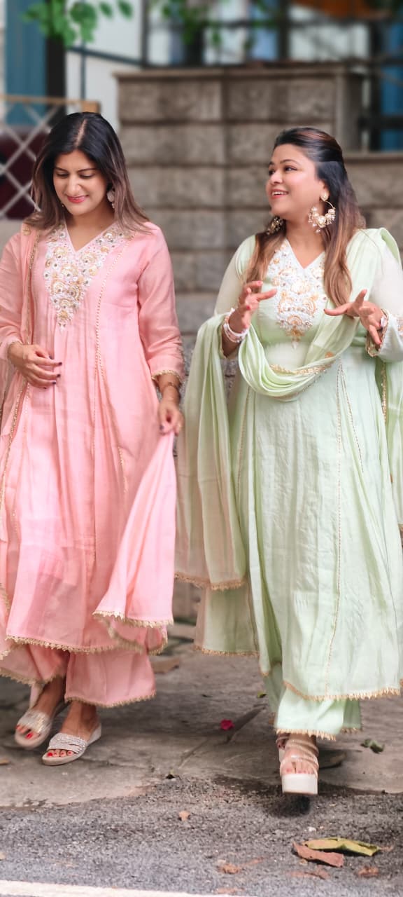 Elegant Intricate Embroidery Golden Lace Touch Mul-Chanderi A-Line Full Suit Set With Dupatta- 15791