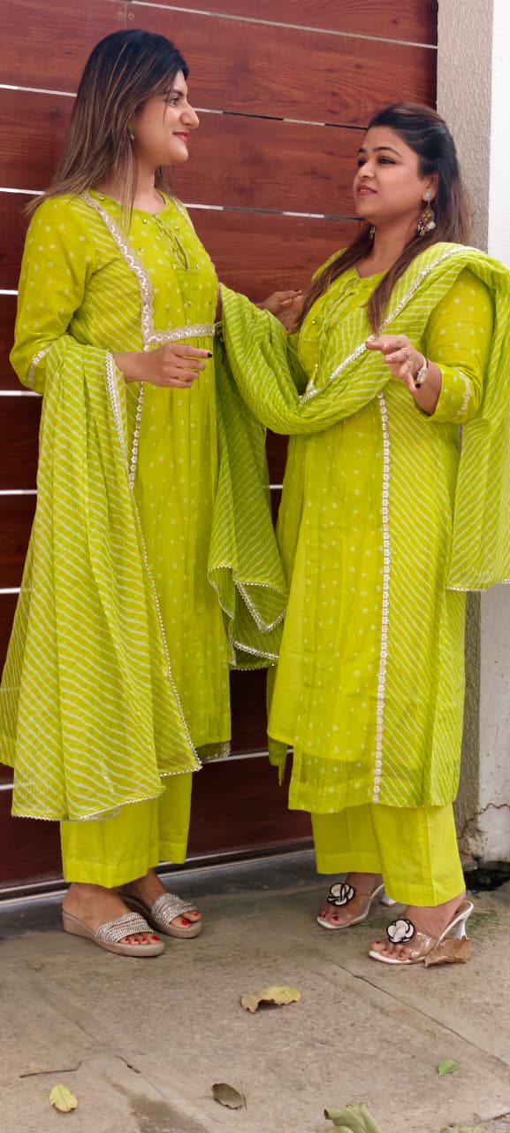 Parrot Inspired Shade Shimmer Border Highlights Leher Panel Checks Kora Cotton A-line Full Suit Set With Dupatta- 15986