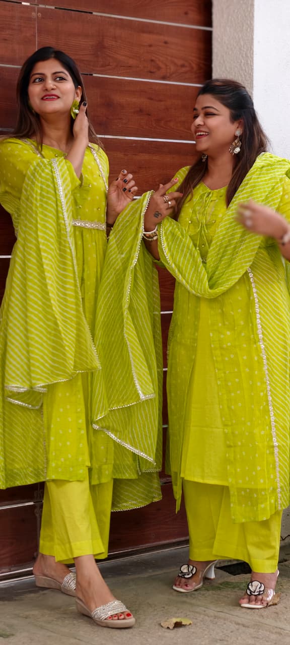 Parrot Inspired Shade Shimmer Border Highlights Leher Panel Checks Kora Cotton A-line Full Suit Set With Dupatta- 15986