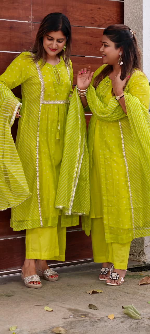 Parrot Inspired Shade Shimmer Border Highlights Leher Panel Checks Kora Cotton A-line Full Suit Set With Dupatta- 15986