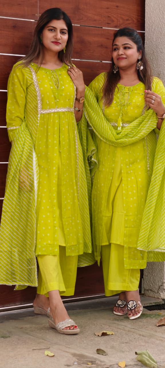 Parrot Inspired Shade Shimmer Border Highlights Leher Panel Checks Kora Cotton A-line Full Suit Set With Dupatta- 15986