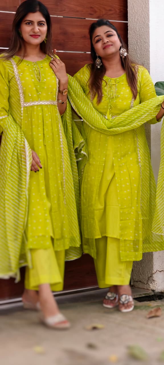 Parrot Inspired Shade Shimmer Border Highlights Leher Panel Checks Kora Cotton A-line Full Suit Set With Dupatta- 15986