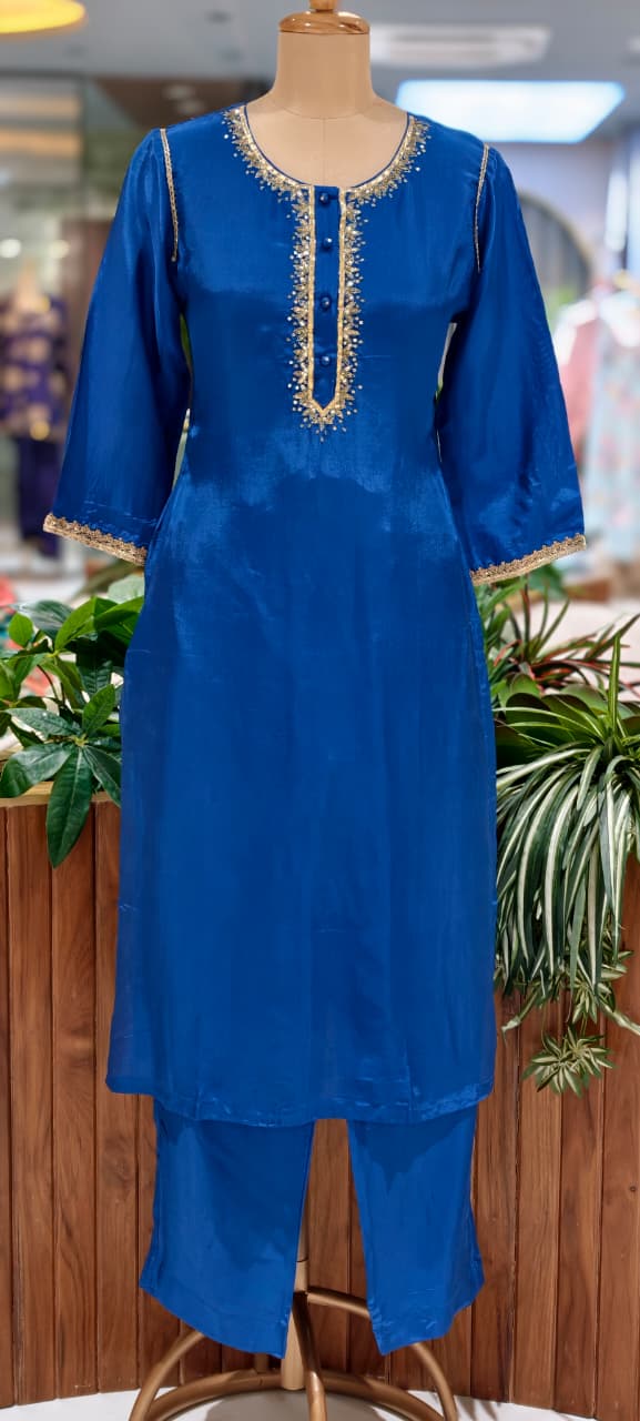 Royal Blue Gotta Patti Golden Sequin Embroidery Outlined Modal Satin Kurta Pant Set- 15987