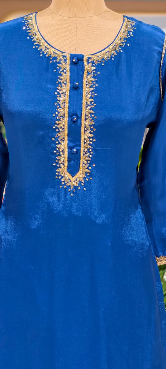 Royal Blue Gotta Patti Golden Sequin Embroidery Outlined Modal Satin Kurta Pant Set- 15987