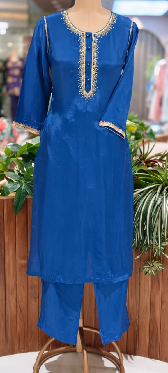Royal Blue Gotta Patti Golden Sequin Embroidery Outlined Modal Satin Kurta Pant Set- 15987