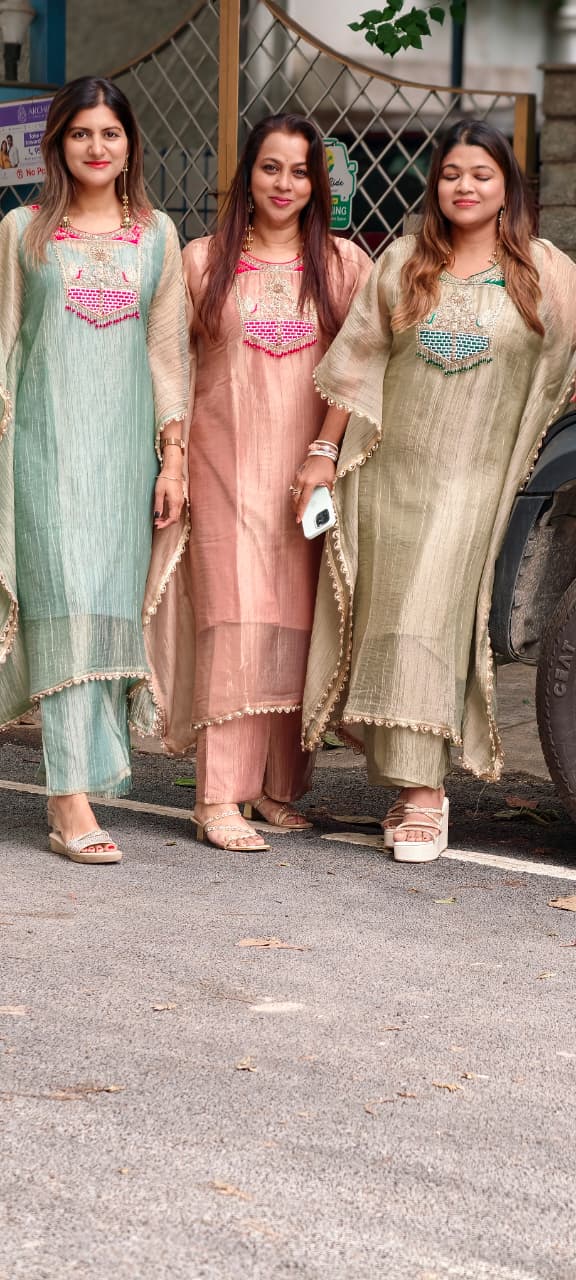 Dabka Contrasted Embroidered Tassel Yoke Premium Salsa Fabric Kaftan With Matching Bottom- 15972