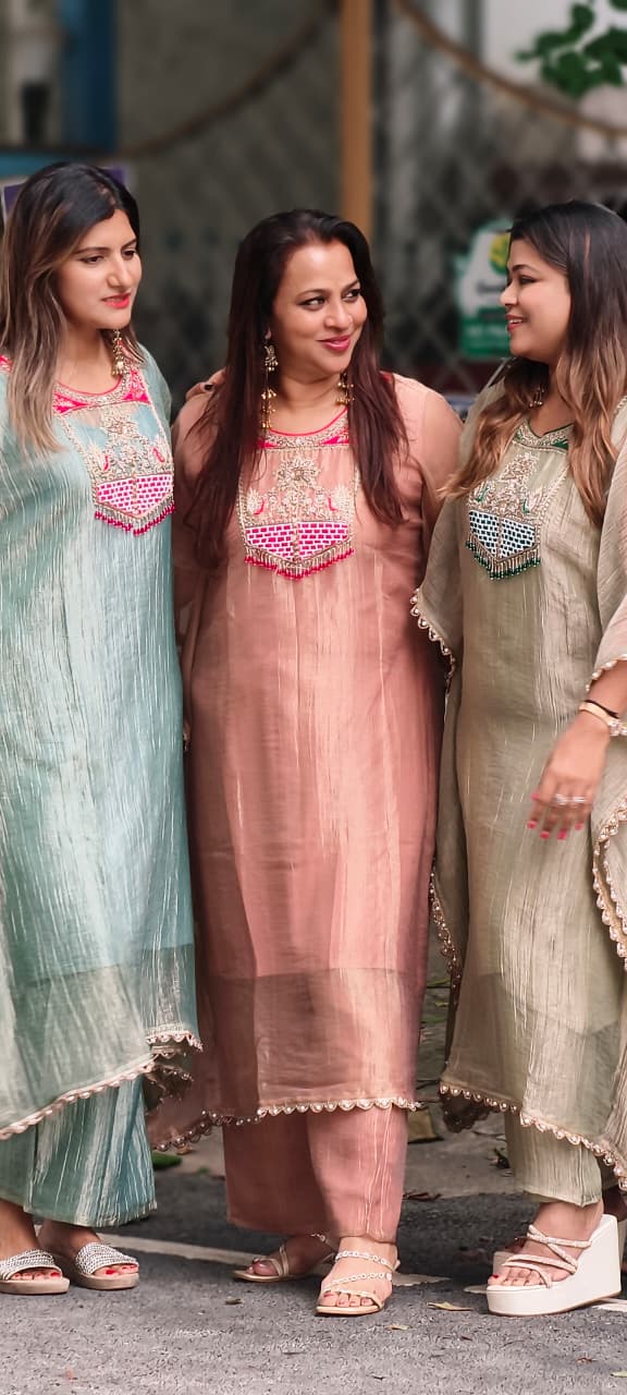 Dabka Contrasted Embroidered Tassel Yoke Premium Salsa Fabric Kaftan With Matching Bottom- 15972