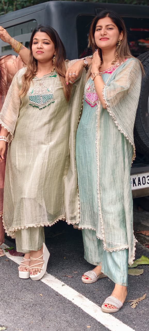 Dabka Contrasted Embroidered Tassel Yoke Premium Salsa Fabric Kaftan With Matching Bottom- 15972