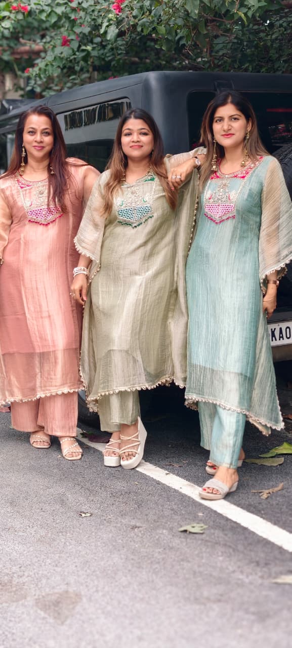 Dabka Contrasted Embroidered Tassel Yoke Premium Salsa Fabric Kaftan With Matching Bottom- 15972