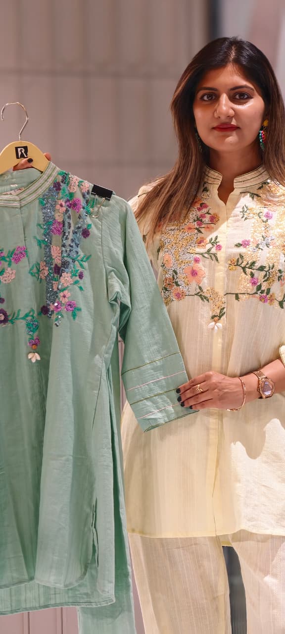 3D Sequin Floral Embroidered Yoke Mandarin Collar Matching Co-Ord Set- 15210