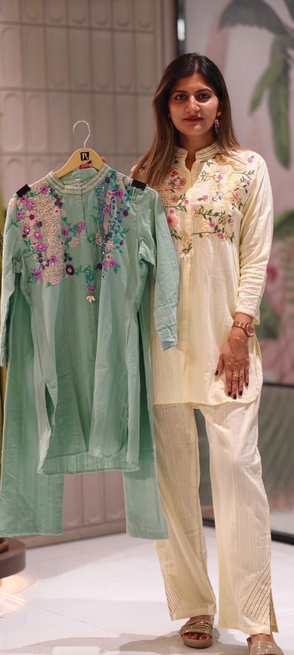 3D Sequin Floral Embroidered Yoke Mandarin Collar Matching Co-Ord Set- 15210