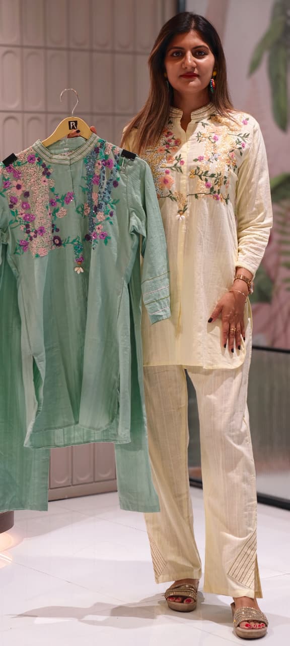 3D Sequin Floral Embroidered Yoke Mandarin Collar Matching Co-Ord Set- 15210