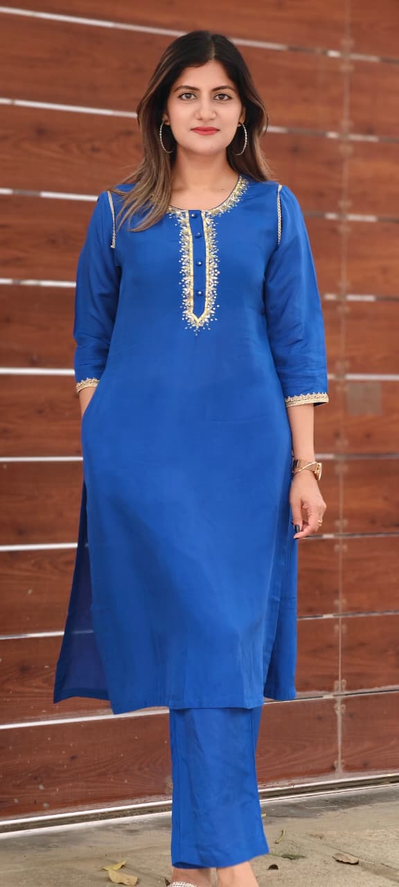 Royal Pink Gotta Patti Golden Sequin Embroidery Outlined Modal Satin Kurta Pant Set- 15987