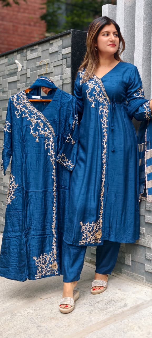 Royal Navy Blue Hand-Embroidered Branch Tail Angrakha Side Knotted Russian Silk A-Line Full Suit Set With Dupatta- 15990