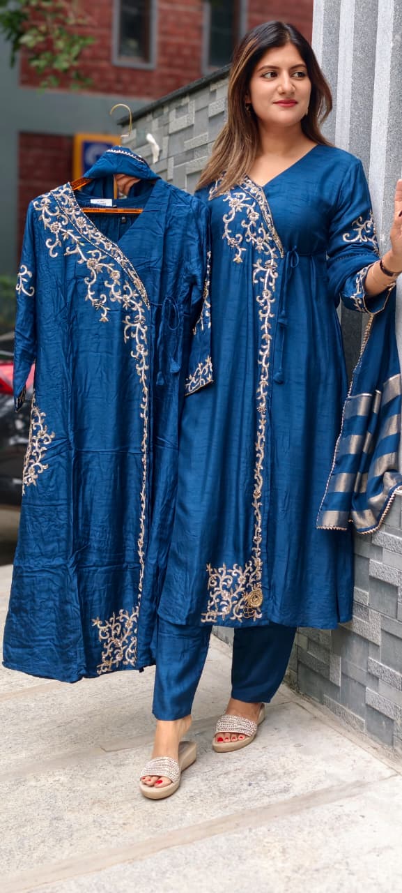 Royal Navy Blue Hand-Embroidered Branch Tail Angrakha Side Knotted Russian Silk A-Line Full Suit Set With Dupatta- 15990