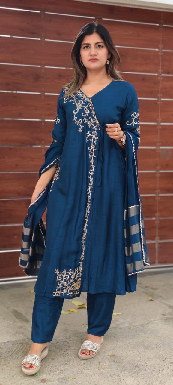 Royal Navy Blue Hand-Embroidered Branch Tail Angrakha Side Knotted Russian Silk A-Line Full Suit Set With Dupatta- 15990