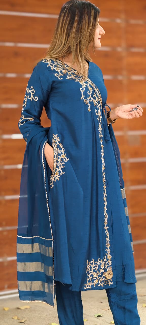 Royal Navy Blue Hand-Embroidered Branch Tail Angrakha Side Knotted Russian Silk A-Line Full Suit Set With Dupatta- 15990