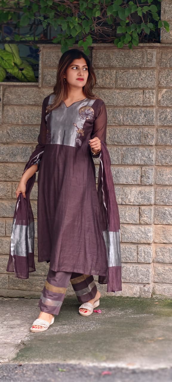Metallic Floral Applique Yoke Coffee Pallete Banarasi Mul-Chanderi A-Line Full Suit Set With Dupatta- 15988