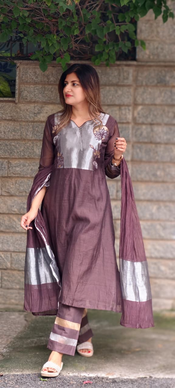 Metallic Floral Applique Yoke Coffee Pallete Banarasi Mul-Chanderi A-Line Full Suit Set With Dupatta- 15988