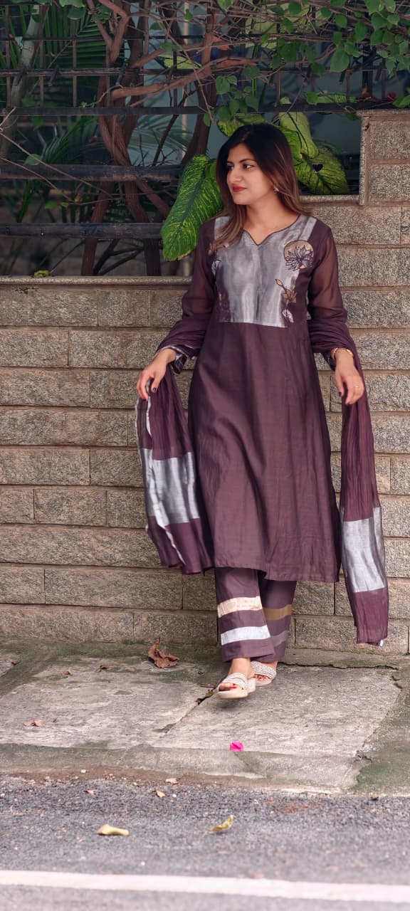 Metallic Floral Applique Yoke Coffee Pallete Banarasi Mul-Chanderi A-Line Full Suit Set With Dupatta- 15988