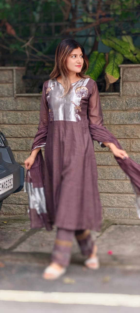 Metallic Floral Applique Yoke Coffee Pallete Banarasi Mul-Chanderi A-Line Full Suit Set With Dupatta- 15988